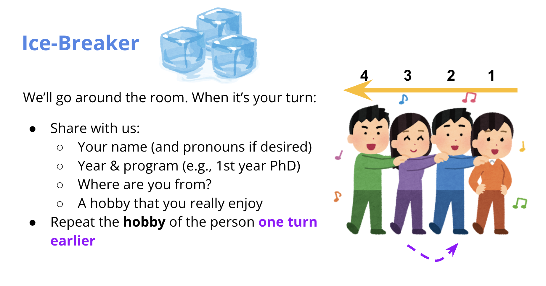 Ice-breaker slide: we'll go around the room; when it's your turn, share your name, year and program, where you're from, and a hobby you enjoy, then repeat the hobby of the person one turn earlier